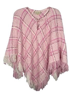 Boyne Valley Weavers | Vintage Pink Plaid Wool Blend Poncho Boho Cottage OS